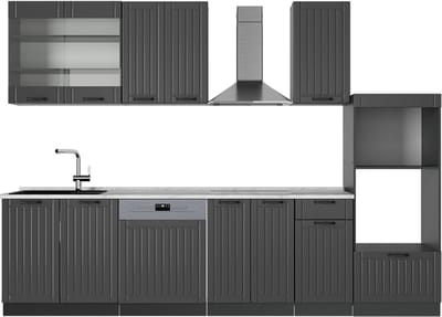 Vicco Fame-Line Complete keukeneenheid – 300 cm met hoge kast, WB Marmer Donkergrijs