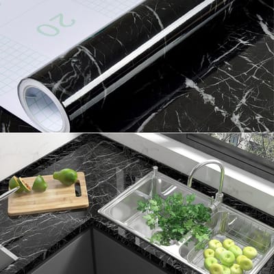 QTTVBTNA - Zelfklevende Marmerfolie - Zelfklevend Behang - voor Kast, Deur en Werkblad - Waterbestendig en Hittebestendig - 60cm x 5 m - Zwart