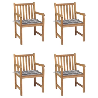 vidaXL - Tuinstoelen - 4 - st - met - grijs - geruite - kussens - massief - teakhout