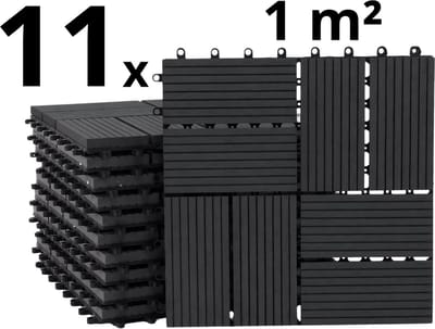 Terrastegels - WPC Composiet Kunststof - 11 Stuks - 1 m² - Zwart - 8 Latjes - Vlondertegels - Balkontegels - Onderhoudsvrij - Makkelijke en Snelle Montage