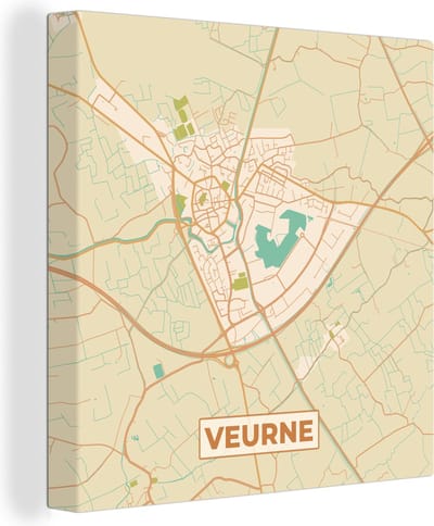 Canvas Schilderij Plattegrond - Kaart - Stadskaart - België - Veurne - 20x20 cm - Wanddecoratie