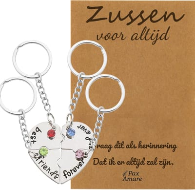BFF Sleutelhanger voor 4 'Zussen voor altijd' - Hartje Puzzelstukjes & Kristal - Sleutelhanger set op Cadeau Kaartje Sleutelhanger set - Zilverkleurig - Vriendschap Symbool - Pax Amare