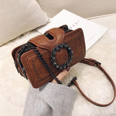 Vintage Schoudertas voor Dames PU Leer Okseltas Mode Strass Gesp Crossbody Tas Punk Designer Top-handvat Tassen 21x6x10cm bruin