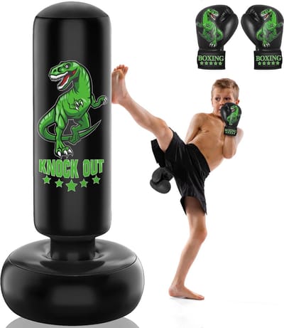 Dinosaur Sports Opblaasbare Bokszakset 60 cm – Vrijstaande Kickbokszak met Bokshandschoenen – Voor Karate, Taekwondo & MMA Training