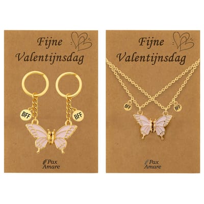 Koppel Ketting + Sleutelhanger voor 2 'Fijne Valentijnsdag' - Magnetische Roze Vlinder - Bundel op Cadeau Kaartje - Goudkleurig - Vriendschap of Relatie Symbool - Pax Amare