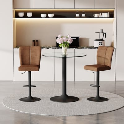 Barset - Ronde Glazen Bartafel Met 2 Draaibare Barkrukken - Verstelbare Zithoogte Voor Keuken, Bar En Lounge - Metaal - Bruin Zwart Transparant