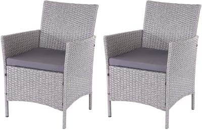 Set van 2 poly rotan tuinstoelen Halden, rieten fauteuil ~ grijs, antraciet kussens