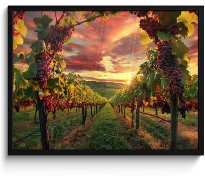 Poster in lijst - Fotolijst 70x50 cm - Posters - Wijngaard - Druiven - Zonsondergang - Posterlijst zwart - Decoratie - Wanddecoratie woonkamer - Muurdecoratie slaapkamer