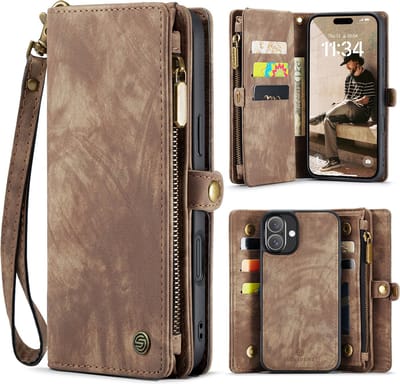 Geschikt Voor iPhone 16 Hoesje - Solidenz Wallet Case - Telefoonhoesje - Case Met Pasjeshouder - Met Ritsvak - Met Polskoord - Portemonee Hoes - Bruin