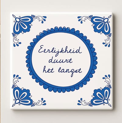 Delfts Blauwe Tegel “Eerlijkheid Duurt Het Langst” – 15x15cm Keramische Wanddecoratie – Traditioneel Nederlands Spreuk Cadeau
