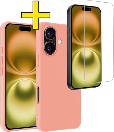 Hoesje - Met Screenprotector - Geschikt voor Apple iPhone 16 - Sterk & Shockproof - Back Cover - Siliconen Case - Telefoon Hoes - Telefoonhoesjes - Perzik