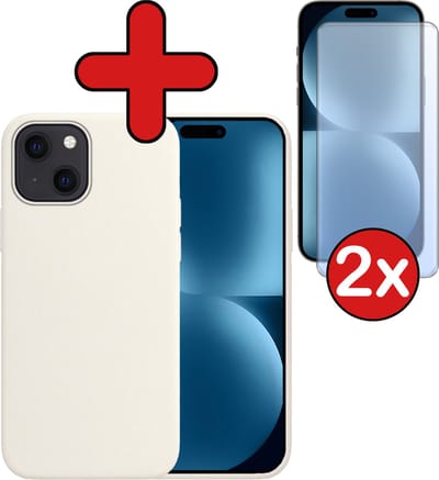 Hoesje - Met 2x Screenprotector - Geschikt voor Apple iPhone 15 - Sterk & Shockproof - Telefoon Hoes - Back Cover - Siliconen Case - Telefoonhoes - Wit