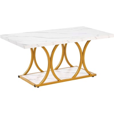 Salontafel, Moderne Salontafel van Kunstmarmer, Rechthoekige Centrale Tafel met 2 Niveaus en Geometrische Poten, Minimalistisch Stevig Metalen Frame Accent Bijzettafel voor