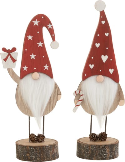 J-Line figuur Kerstman Op Voet Hoed Hart/Ster - hout - rood/wit - small - 2 st.