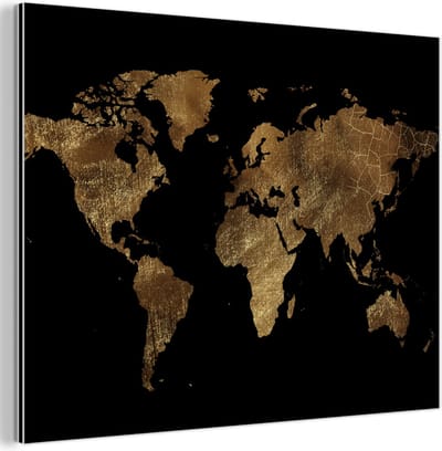 Aluminium schilderij 120x90 cm - Wanddecoratie metaal - Wereldkaart - Goud - Luxe - Aarde - Zwart - Metalen muurdecoratie woonkamer - Decoratie industrieel - Foto op dibond - Industriële accessoires slaapkamer