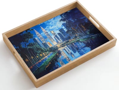 Dienblad hout 50x35 cm - Schootdienblad - Stad Kuala Lumpur - Skyline - Wolkenkrabbers - Water - Borrelplank rechthoek - Plateau dienbladen