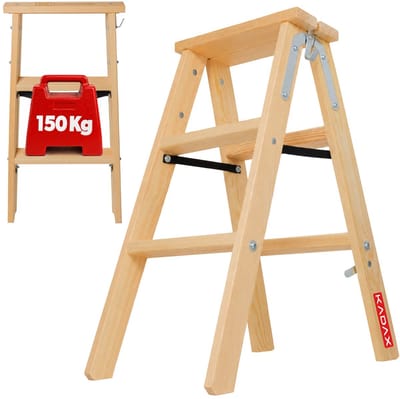 KADAX Houten ladder, ladder van hout, schilderladder, staande ladder, vouwladder, vouwladder, vouwladder, dubbele trap ladder met stalen haken (3 treden)