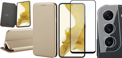 Hoesje geschikt voor Samsung Galaxy S22 Plus - Book Case Kunstlederen Wallet Cover Minimalistisch Pasjeshouder Hoes Goud - Full Tempered Glass Screenprotector - Camera Lens Protector