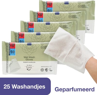 Abena Vochtige Washandjes Wegwerp - Geparfumeerd - 25 Washandjes - Voordeelverpakking 5 x 5 washandjes - Wassen en opfrissen zonder water en zeep - Droogt Snel, geen Handdoek Nodig - Opwarmbaar in de Magnetron - Perfect voor Thuis en Onderweg