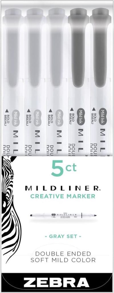 Zebra Mildliner Double Sided Tekstmarkers Fine & Bold – Grijs Colours- Set van 5 verpakt in een handige Zipperbag