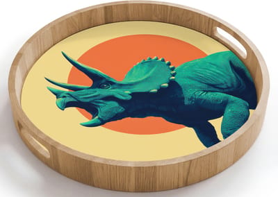 Dienblad rond 40x40 cm - Schootdienblad hout - Triceratops - Cirkel - Oranje - Hoorns - Borrelplank rechthoek - Plateau houten dienbladen