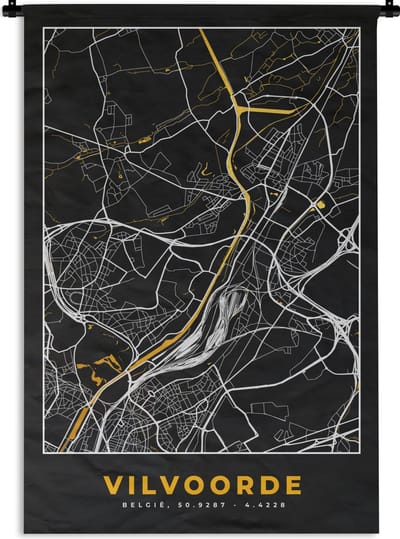 Wandkleed - Wanddoek - Stadskaart - Vilvoorde - Plattegrond - Kaart - Goud - 120x180 cm - Wandtapijt