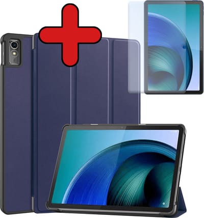 Hoesje - Geschikt voor Lenovo Tab M10 5G - Met Screenprotector - Hardcover Book Case - Trifold Bookcase Hoes - Hard Cover - Tablethoes - Donkerblauw