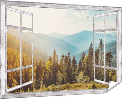 Gards Tuinposter Doorkijk Bos met Bomen in de Hoge Bergen - 180x120 cm - Tuindoek - Tuindecoratie - Wanddecoratie buiten - Tuinschilderij