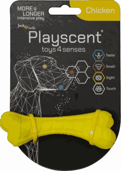 Jack And Vanilla hondenspeelgoed - Lengte 11cm - Kip smaak - Hondenspeelgoed - Kauwbot - Honden speelgoed - Puppyspeelgoed - Playscent Been - Geel