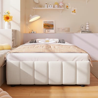 VVBV Gestoffeerd Bed met Opbergruimte 90x200 cm - Hoofdbord, Hydraulische Opbergruimte - Beige - Zonder Matras