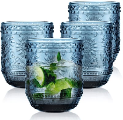Dailygoods- Waterglas 360 ml - 4 Stuks - Stapelbaar - Gekleurd Loodvrij Glas - Vintage Beker met Bloemenreliëf - Vaatwasserbestendig - Drinkglas