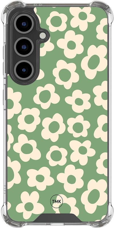 Shockproof hoesje geschikt voor Samsung Galaxy S24 FE - Retro cute flowers - Schokbestendig - Verhoogde randen - TPU case - Extra Sterke Back Cover - Bloemen - Transparant, Groen