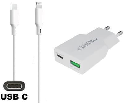 OneOne 25W snellader met 2 poorten + 1,5m OneOne USB C naar Lightning kabel. PD PPS lader. GAN oplader adapter past op Apple iPhone 11 Pro, iPhone 11 Pro Max, iPhone 12, iPhone 12 Mini, iPhone 12 Pro, iPhone 12 Pro Max, iPhone 13