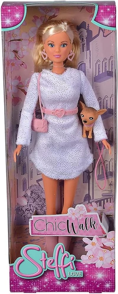 Simba 105733508 Steffi Love Chic Walk Doll in Fashion Dress with Earrings, Belt, Bag and Her Dog, 29 cm Play Doll, for Children from 3 Years