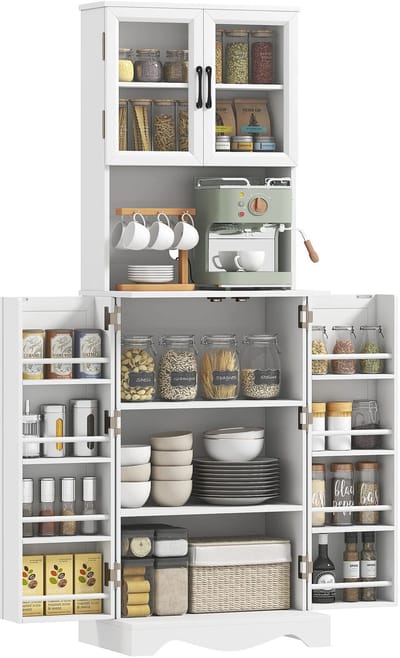Sensova - Buffetkast Met 4 Deuren En 8 Kruidenrekken - Keukenkast Met Werkblad En Vitrinefunctie - Dressoir Met Verstelbare Plank En Veel Opbergruimte - Moderne Witte Kast Voor Keuken En Eetkamer