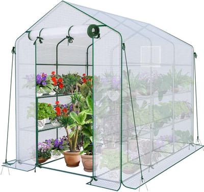 Famanu – Plantenkas van PE met 3 etages en 12 planken, broeikas voor groenten en bloemen, 135 g/m², 143 x 215 x 195 cm, geschikt voor alle seizoenen