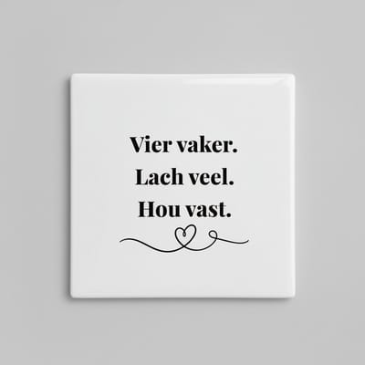 Keramieken Tegel 15×15 cm – “Vier vaker. Lach veel. Hou vast.” Inspirerende Motivatie Tegel met Hart Lijntekening