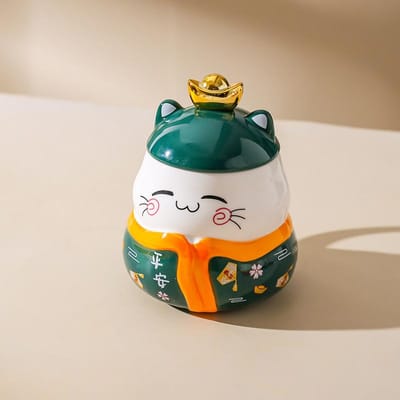 Japanse Creatieve Gelukskat Keramische Mok Leuke Cartoon Kopje Koppels Waterbeker met Deksel Lepel Cadeau Koffiekopje 401-500ml beige