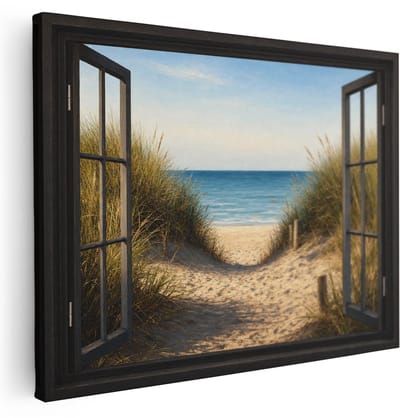 Artaza Canvas Schilderij Strand Doorkijk - Duinen En Zee - 40x30 cm - Klein - Wanddecoratie Woonkamer - Schilderijen - Muurdecoratie