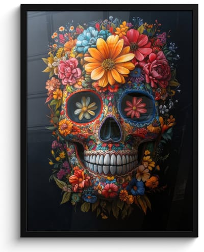 Poster in lijst - Fotolijst 60x80 cm - Posters - Bloemen - Kleurrijk - Schedel - Posterlijst zwart - Decoratie - Wanddecoratie woonkamer - Muurdecoratie slaapkamer