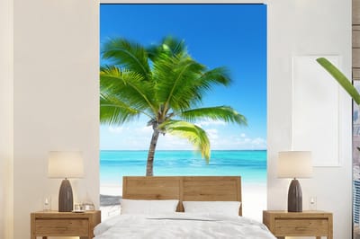 Behang - Fotobehang Palmboom - Strand - Zee - Zomer - Breedte 225 cm x hoogte 350 cm