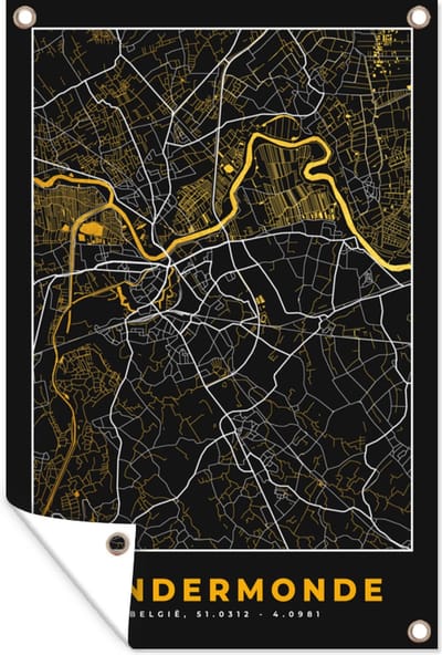 Muurdecoratie Dendermonde - Goud - Kaart - Stadskaart - Plattegrond - 120x180 cm - Tuinposter - Tuindoek