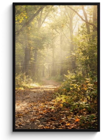 Poster in lijst - Fotolijst 80x120 cm - Posters - Zonlicht - Bospad - Bomen - Posterlijst zwart - Decoratie - Wanddecoratie woonkamer - Muurdecoratie slaapkamer