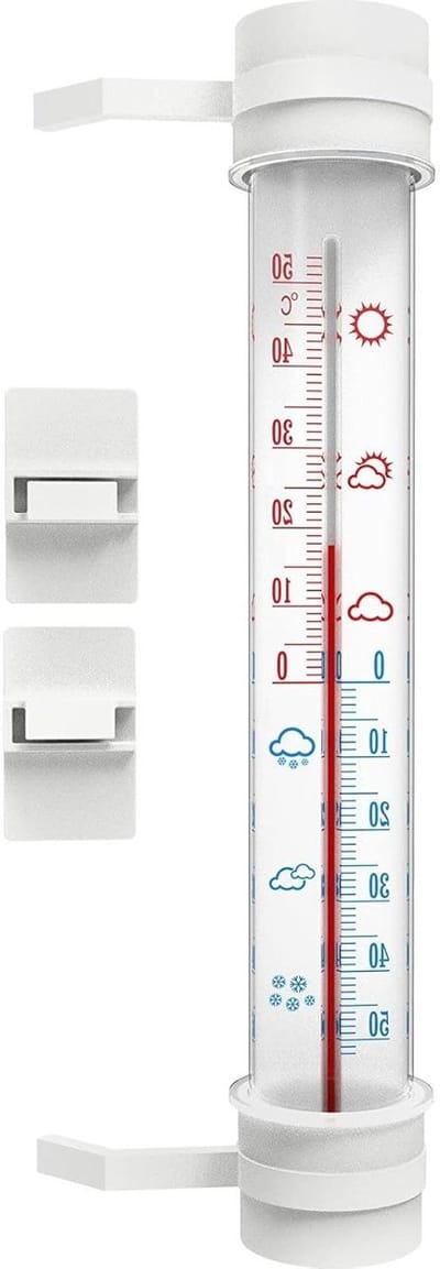 Buitenthermometer Raam - Temperatuurmeter Buiten - Buiten Temperatuur - Analoge Weergave - 29 cm Lang - Wit Bruin