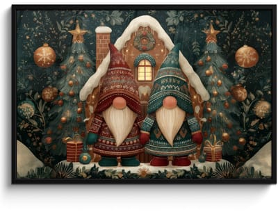 Poster in lijst - Fotolijst 120x80 cm - Posters - Kerst - Gnomen - Peperkoekhuisje - Rood - Groen - Posterlijst zwart - Decoratie - Wanddecoratie woonkamer - Muurdecoratie slaapkamer - Kerstversiering - Kerstdecoratie voor binnen - Kerstmis