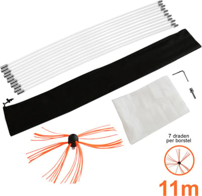 Maxblast Nylon elektrische schoorsteen borstel - 11 meter - schoorsteenveger - roterende booraandrijving - GRATIS stofzeil en opbergzak schoorsteen veger reiniger