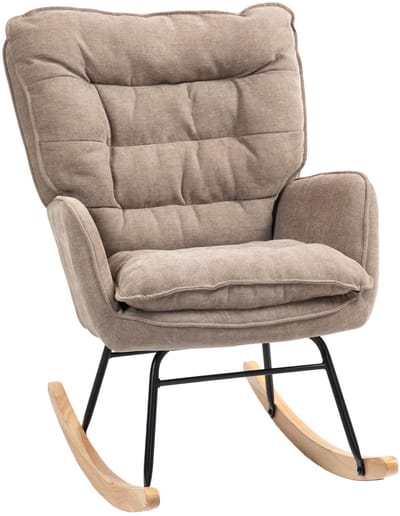 Merax Schommelstoel Bruin – Comfortabele Relaxstoel Met Armleuningen En Chenille Bekleding, Houten Kufen En Stalen Frame – Moderne Fauteuil Voor Woonkamer