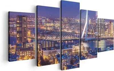 Artaza Canvas Schilderij Vijfluik Rotterdamse Skyline Met De Erasmusbrug - 100x50 cm - Wanddecoratie Woonkamer - Schilderijen - Muurdecoratie