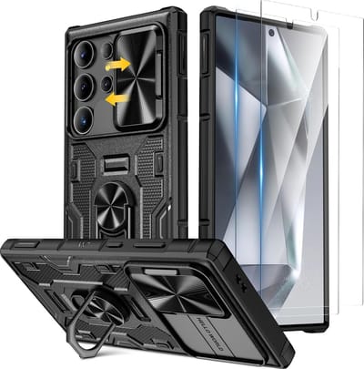 Geschikt voor Samsung Galaxy S24 Ultra - Inclusief 2 Screenprotector - Schuifcamera - Met ingebouwde 360° draaibare ringstandaard Hoesje - Zwart
