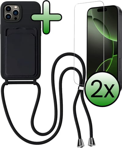 Hoes Geschikt voor iPhone 16 Pro Hoesje Pas Houder Case Hoes Met Koord Met 2x Screenprotector - Hoesje Geschikt voor iPhone 16 Pro Hoes Met Telefoonkoord Pasjeshouder Cover - Zwart